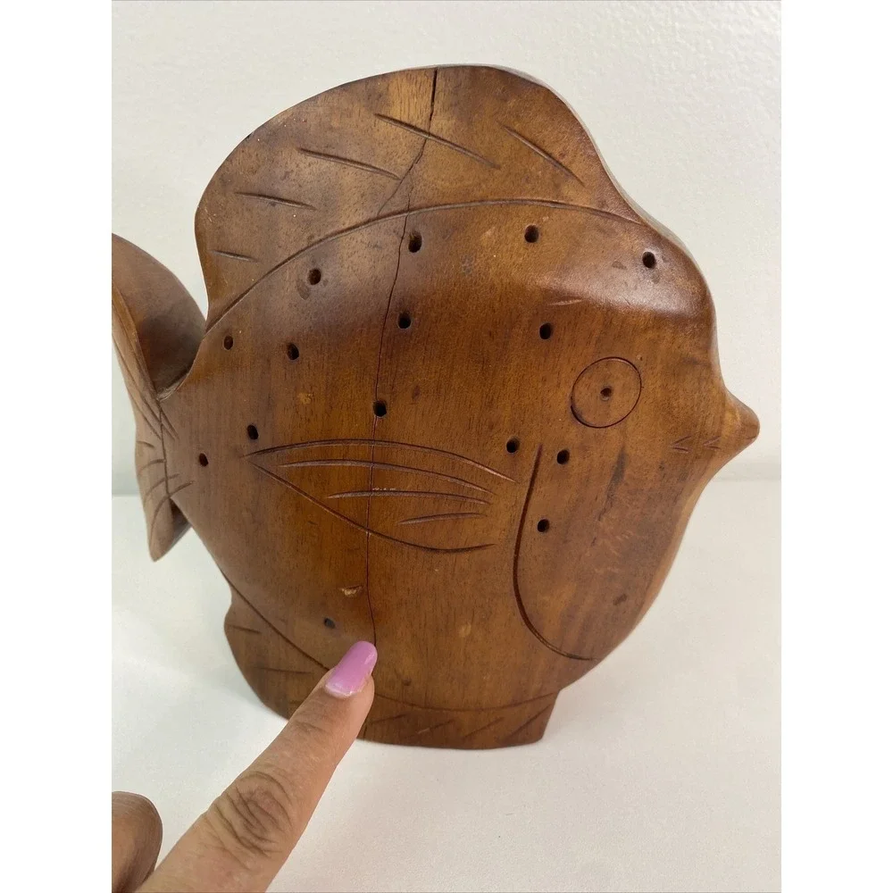 Large vintage wooden fish toothpick holder party server